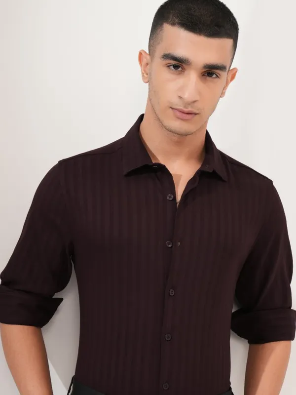 Highlander Men Maroon Striped Slim Fit Casual Shirt