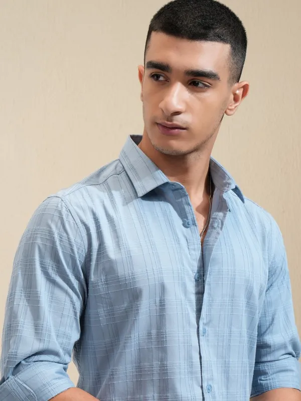 Highlander Men Blue Checked Slim Fit Casual Shirt