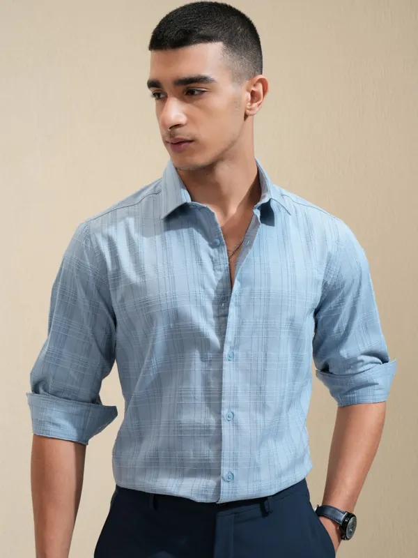 Highlander Men Blue Checked Slim Fit Casual Shirt