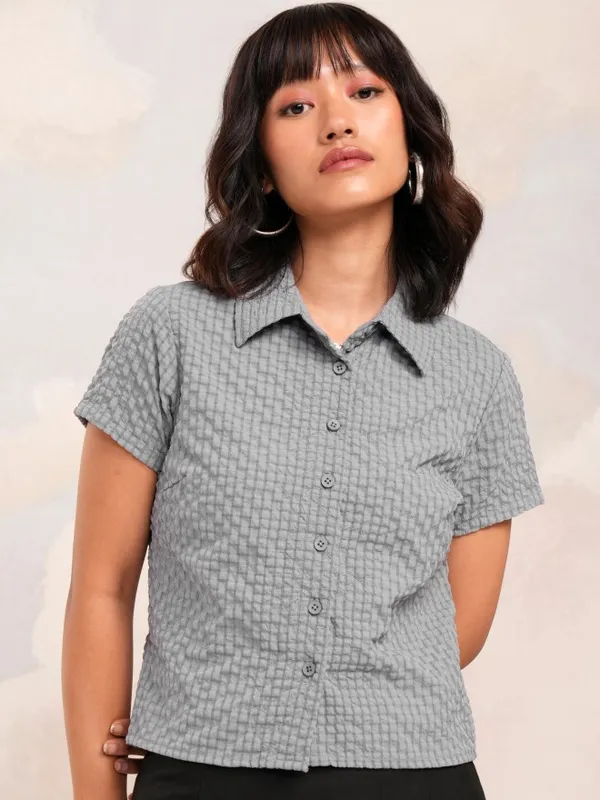 Tokyo Talkies Women Grey Self Design Regular Top