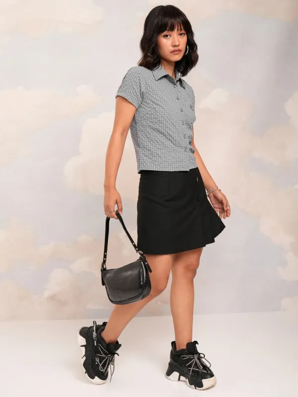Tokyo Talkies Women Grey Self Design Regular Top