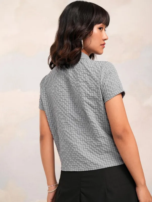 Tokyo Talkies Women Grey Self Design Regular Top