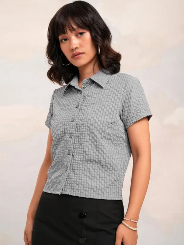 Tokyo Talkies Women Grey Self Design Regular Top
