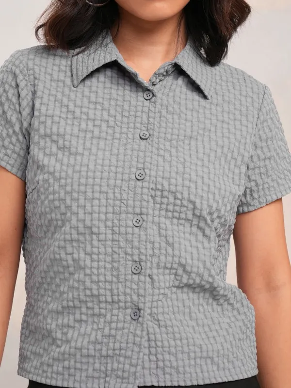 Tokyo Talkies Women Grey Self Design Regular Top