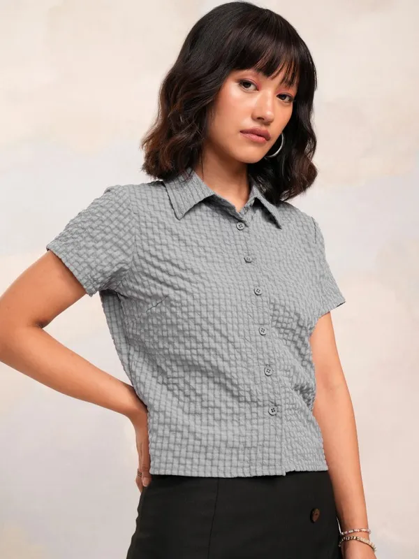 Tokyo Talkies Women Grey Self Design Regular Top