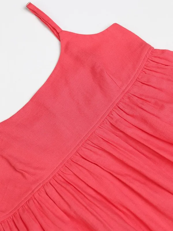 Tokyo Talkies Women Pink Solid Fit & Flare Smocked Longline Top