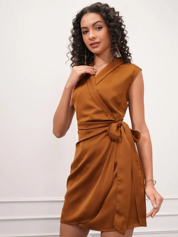 Tokyo Talkies Women Rust Solid Wrap Dress