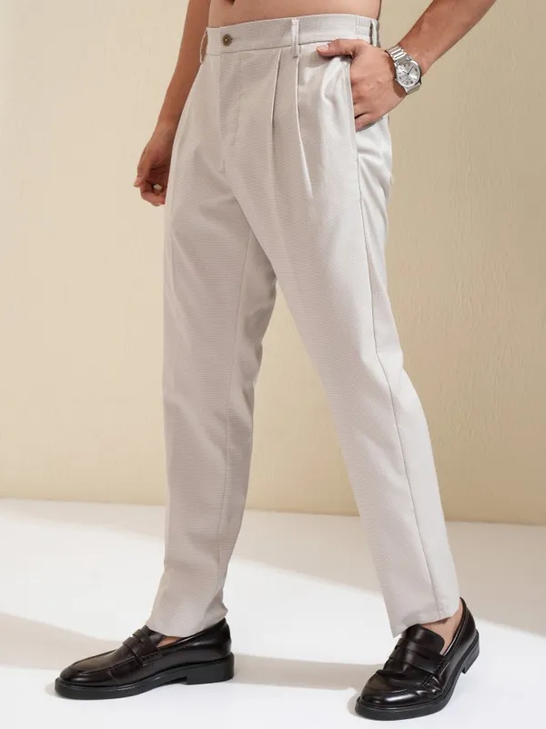 Highlander Men Beige Tapered Fit Checked Formal Trouser