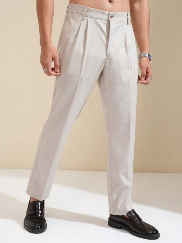 Highlander Men Beige Tapered Fit Checked Formal Trouser