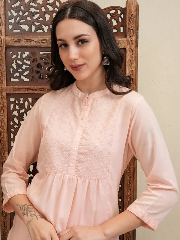 Vishudh Women Peach Embroidered Kurta With Trousers