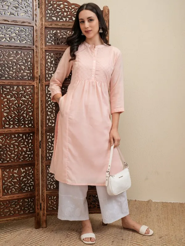 Vishudh Women Peach Embroidered Kurta With Trousers