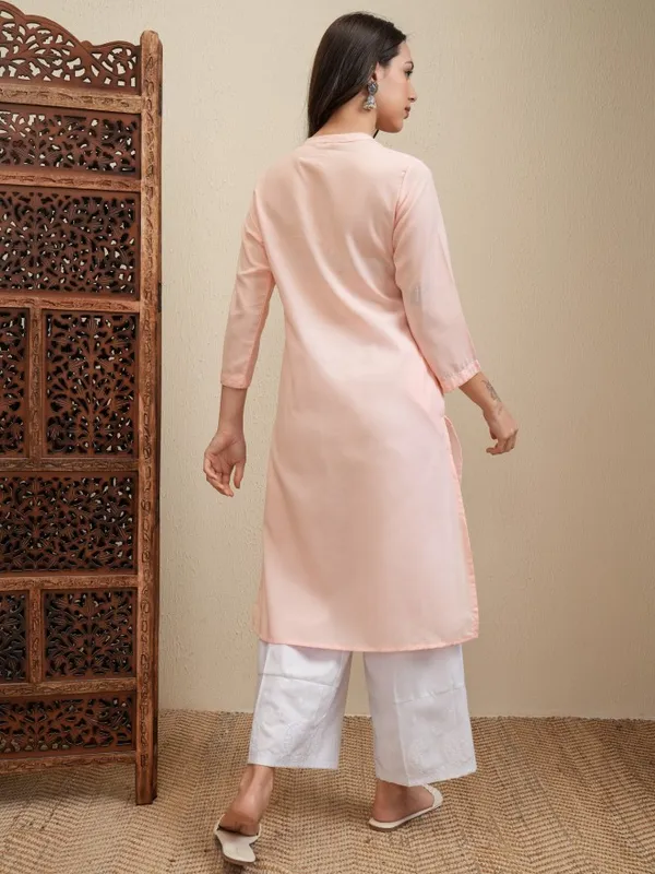 Vishudh Women Peach Embroidered Kurta With Trousers