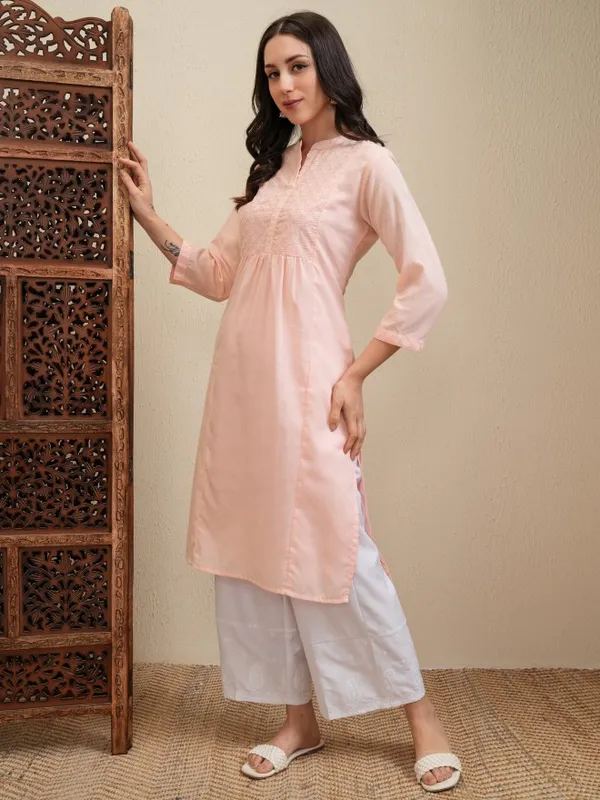 Vishudh Women Peach Embroidered Kurta With Trousers
