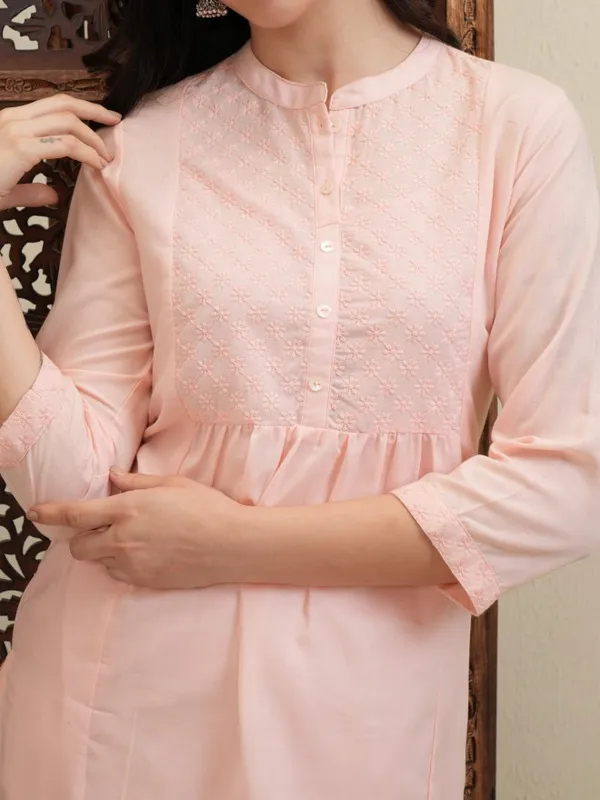 Vishudh Women Peach Embroidered Kurta With Trousers