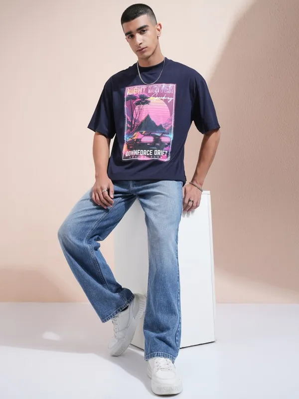 Highlander Men Navy Blue Printed Round Neck Oversized Fit T-Shirt