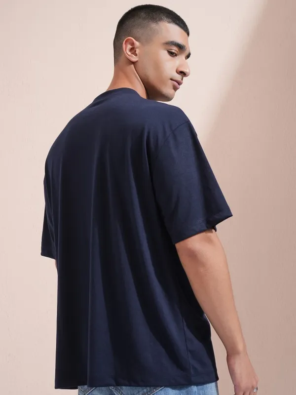 Highlander Men Navy Blue Printed Round Neck Oversized Fit T-Shirt