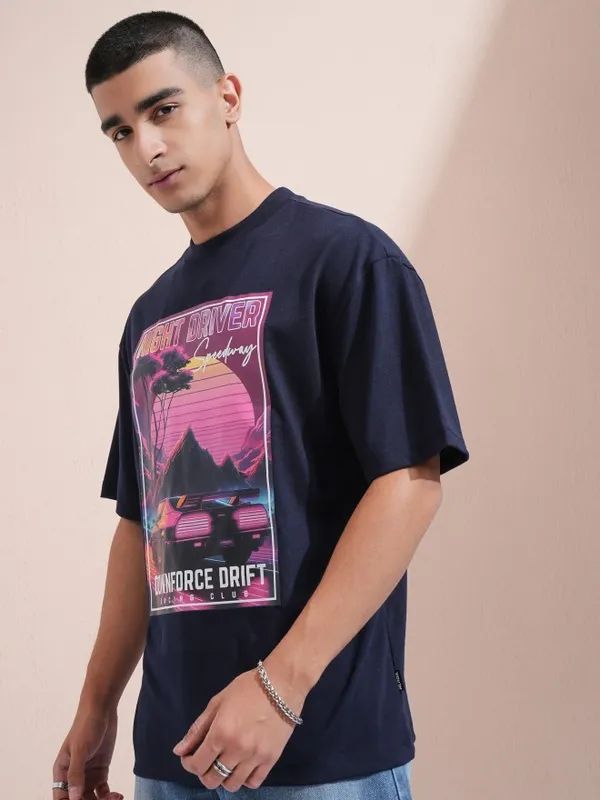 Highlander Men Navy Blue Printed Round Neck Oversized Fit T-Shirt
