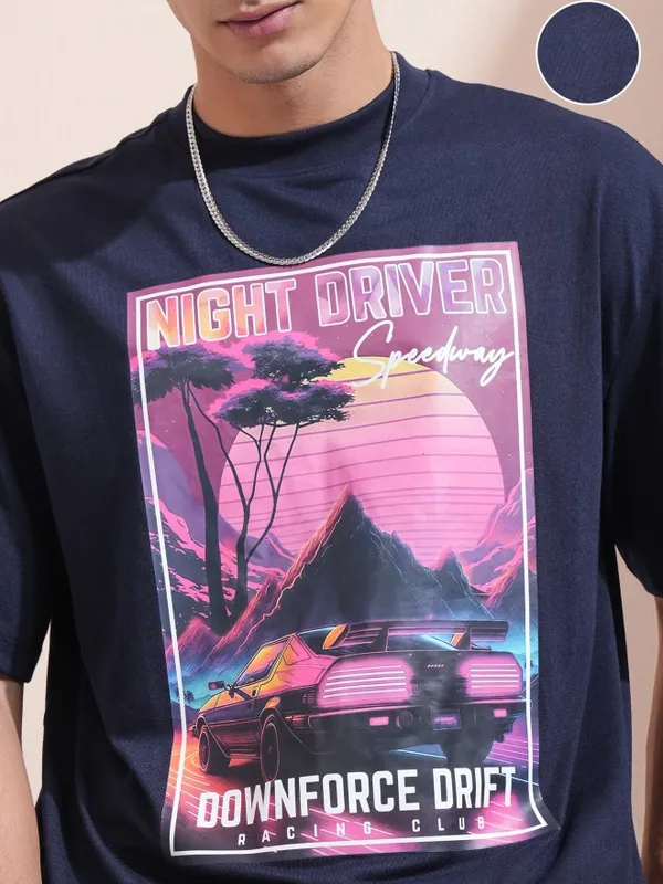 Highlander Men Navy Blue Printed Round Neck Oversized Fit T-Shirt