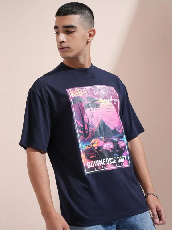 Highlander Men Navy Blue Printed Round Neck Oversized Fit T-Shirt