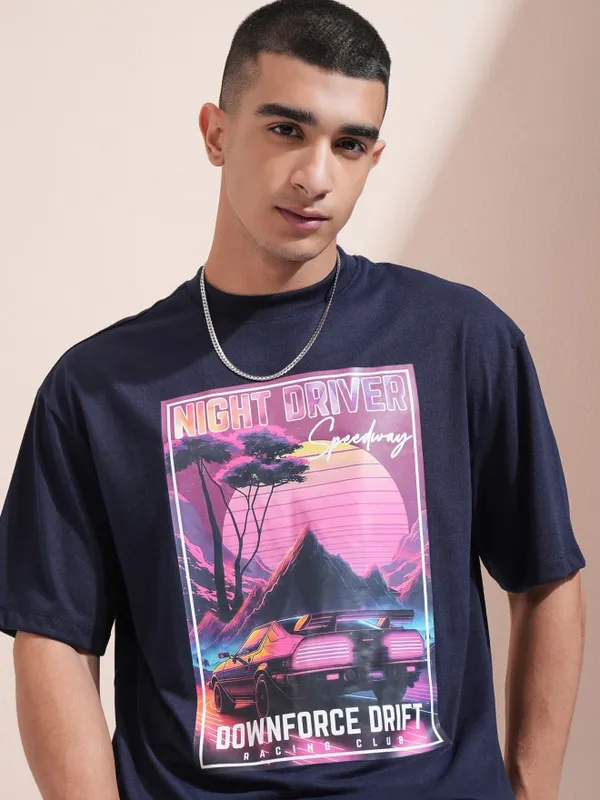 Highlander Men Navy Blue Printed Round Neck Oversized Fit T-Shirt