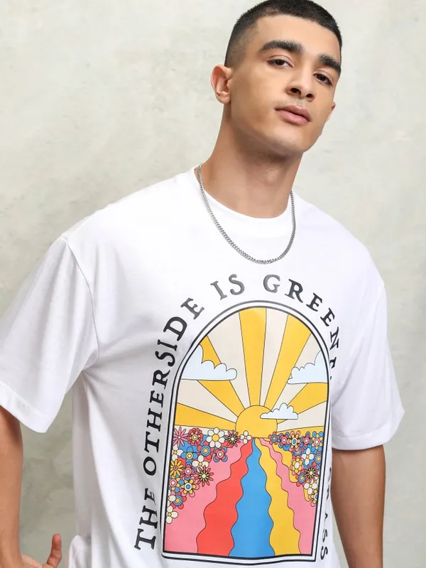Highlader Men White Printed Round Neck Oversized Fit T-Shirt