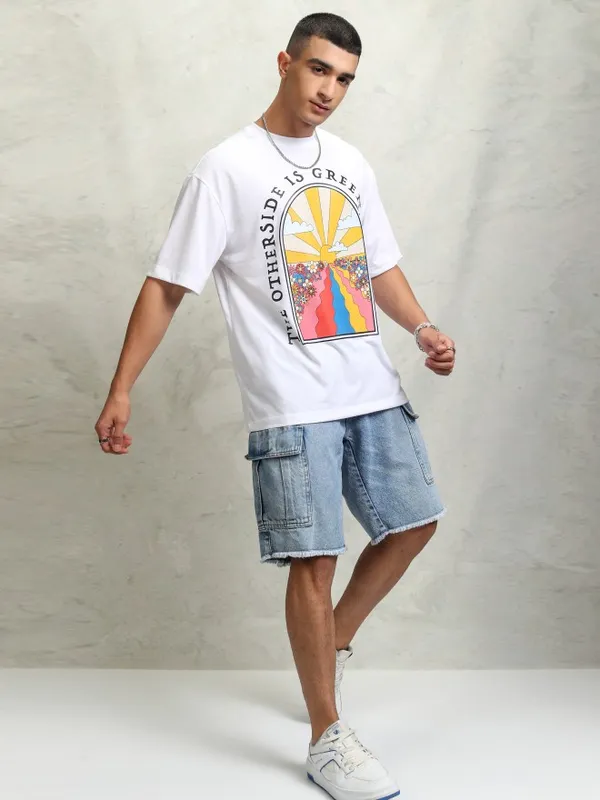 Highlader Men White Printed Round Neck Oversized Fit T-Shirt