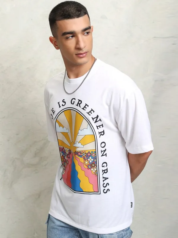 Highlader Men White Printed Round Neck Oversized Fit T-Shirt