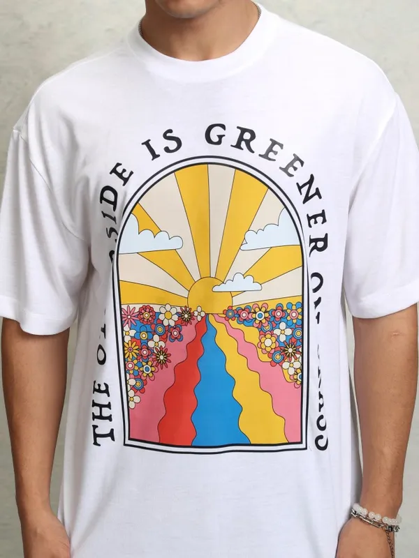 Highlader Men White Printed Round Neck Oversized Fit T-Shirt