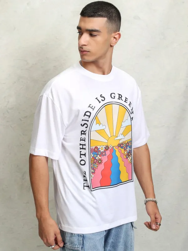 Highlader Men White Printed Round Neck Oversized Fit T-Shirt