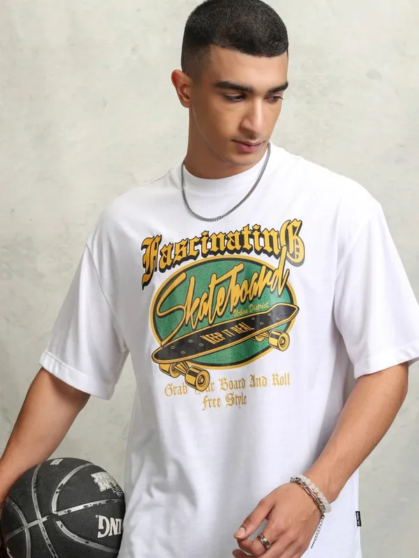 Highlader Men White Printed Round Neck Oversized Fit T-Shirt