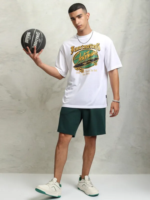 Highlader Men White Printed Round Neck Oversized Fit T-Shirt