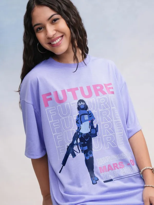 Tokyo Talkies Women Lavender Printed Oversized Fit T-Shirt