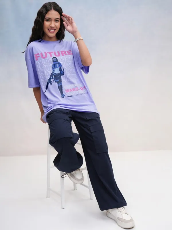 Tokyo Talkies Women Lavender Printed Oversized Fit T-Shirt