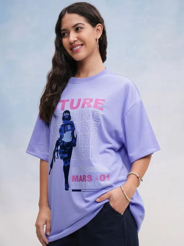 Tokyo Talkies Women Lavender Printed Oversized Fit T-Shirt