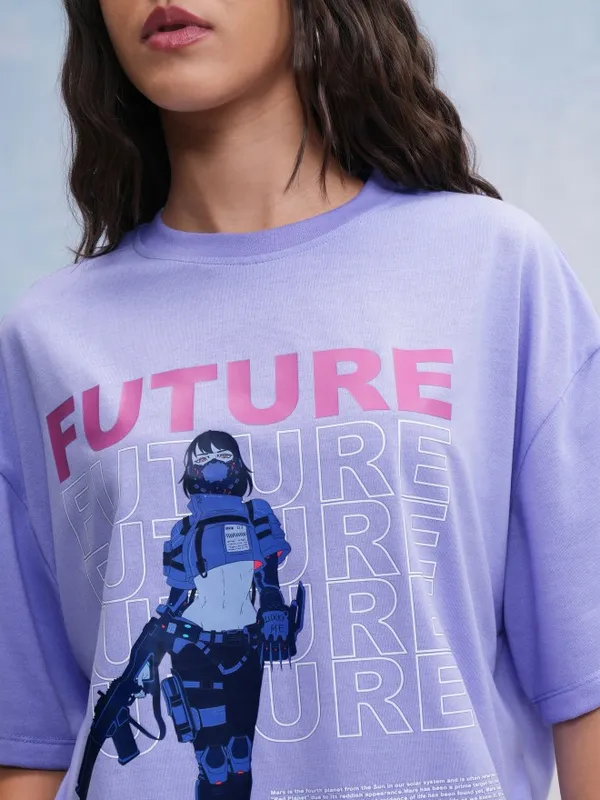 Tokyo Talkies Women Lavender Printed Oversized Fit T-Shirt
