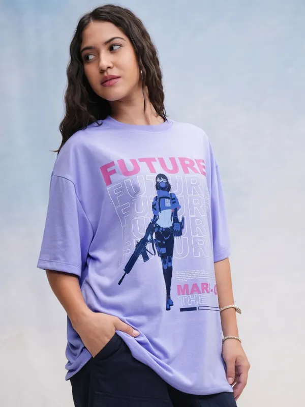 Tokyo Talkies Women Lavender Printed Oversized Fit T-Shirt