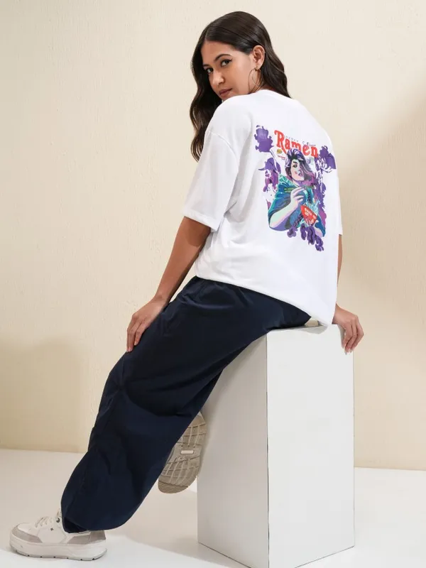 Tokyo Talkies Women White Printed Round Neck Oversized Fit T-Shirt