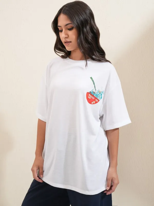 Tokyo Talkies Women White Printed Round Neck Oversized Fit T-Shirt