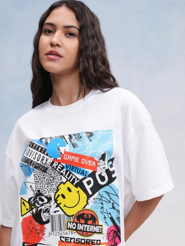Tokyo Talkies Women White Printed Oversized Fit T-Shirt