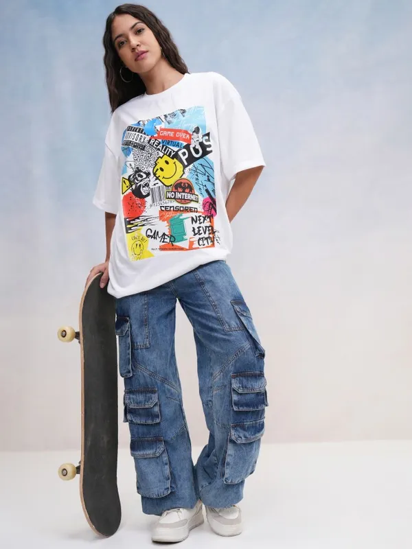 Tokyo Talkies Women White Printed Oversized Fit T-Shirt
