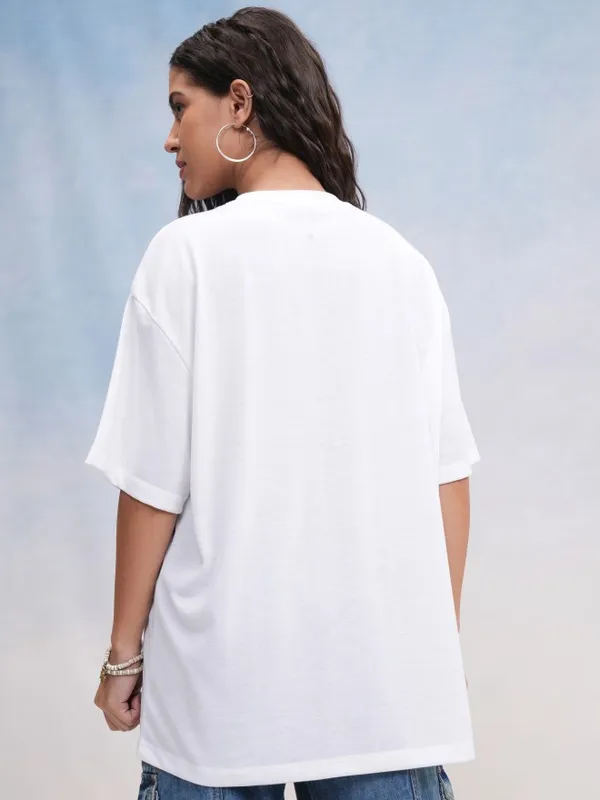 Tokyo Talkies Women White Printed Oversized Fit T-Shirt