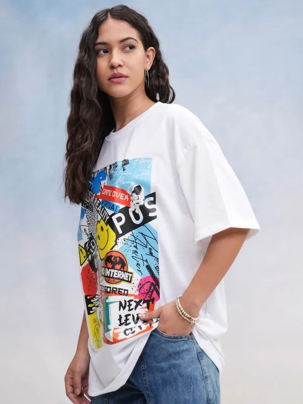 Tokyo Talkies Women White Printed Oversized Fit T-Shirt
