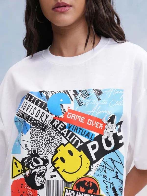 Tokyo Talkies Women White Printed Oversized Fit T-Shirt