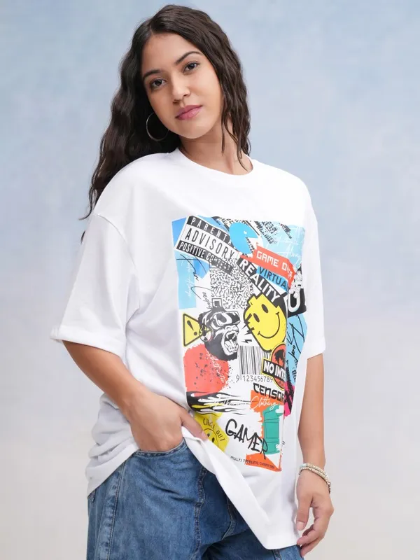 Tokyo Talkies Women White Printed Oversized Fit T-Shirt