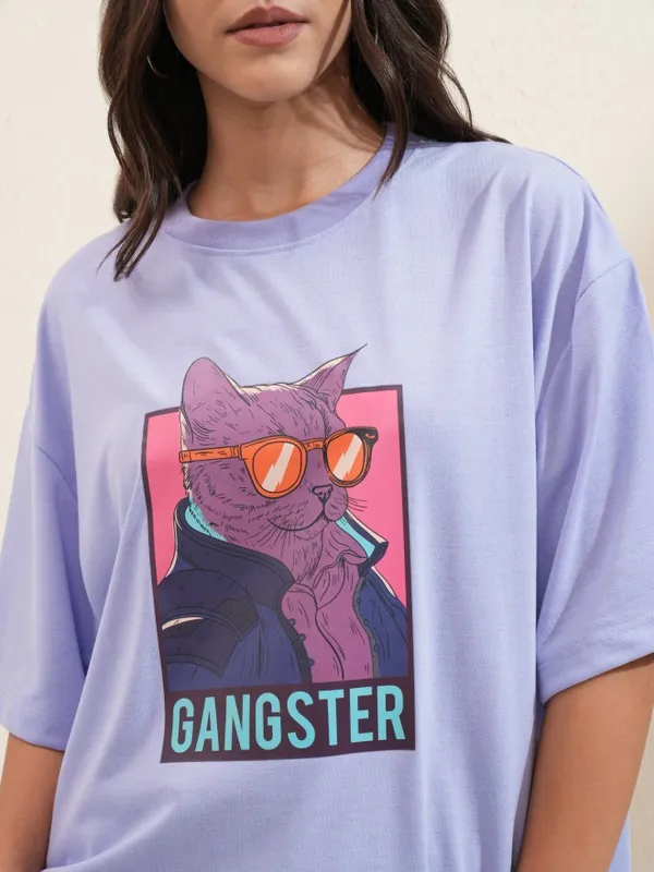 Tokyo Talkies Women Lavender Printed Round Neck Oversized Fit T-Shirt