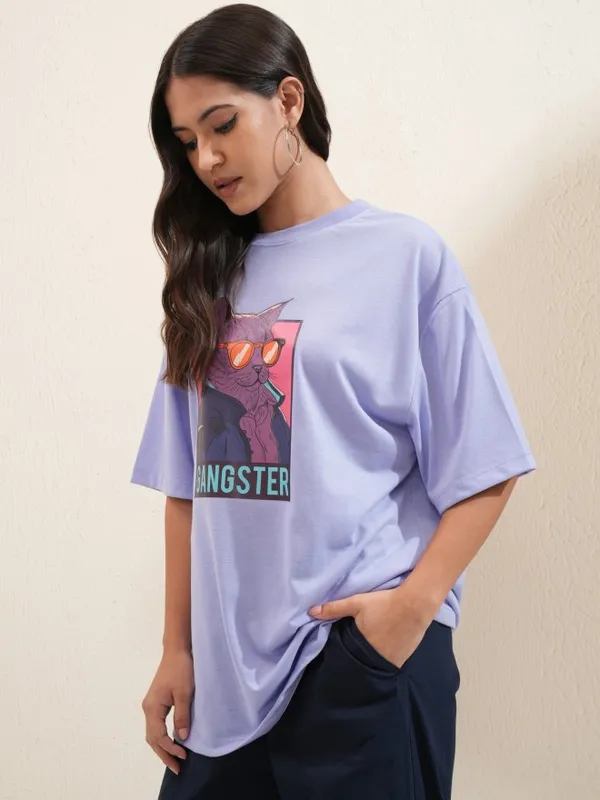 Tokyo Talkies Women Lavender Printed Round Neck Oversized Fit T-Shirt