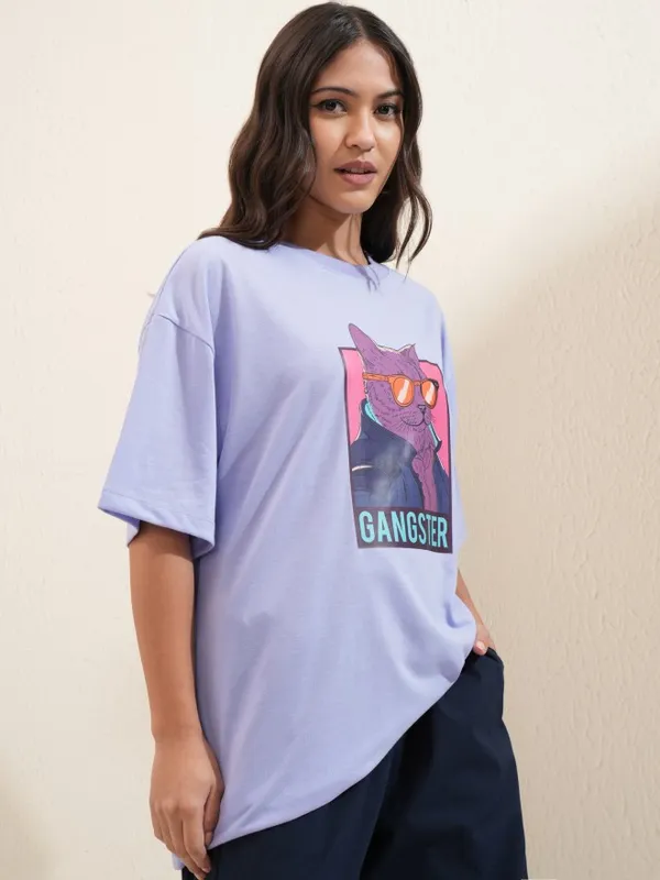 Tokyo Talkies Women Lavender Printed Round Neck Oversized Fit T-Shirt