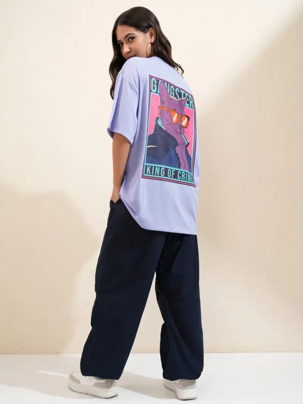 Tokyo Talkies Women Lavender Printed Round Neck Oversized Fit T-Shirt