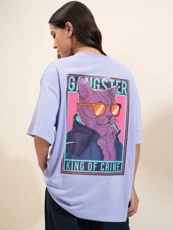 Tokyo Talkies Women Lavender Printed Round Neck Oversized Fit T-Shirt
