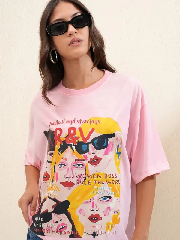 Tokyo Talkies Women Pink Printed Round Neck Oversized Fit T-Shirt